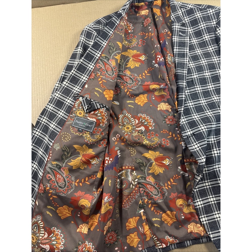 Paisley & Gray Blazer Mens 46L Black White Plaid Slim Fit Sport Coat Jacket - Picture 5 of 9